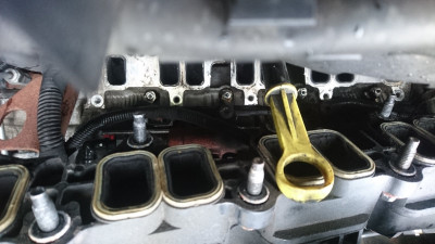 4 glow plug nuts in line with the bottom of the yellow on the dipstick
