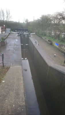 Grindley Brook lock 2, towards the lower gate (showing the minimum level markers)