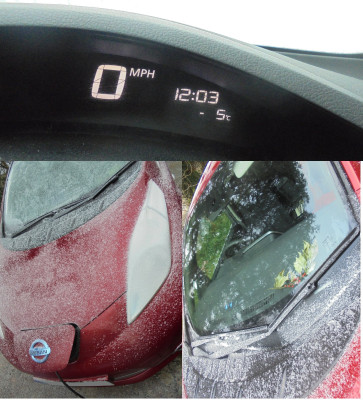 -5°C today<br />Don't have &quot;carwings&quot; or Nissan connect to put the heating on in the car with a few taps on a mobile phone, but switching on and off manually does the job just as well!