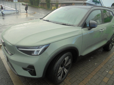 That is a Volvo C 40 Recharge 100% Electric.<br />In a sort of pale green shade to the naked eye as opposed to the camera sensor which doesnt really pick it up that well,  Sage green as it turns out.