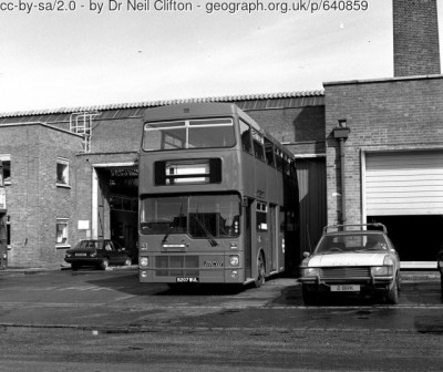 Geograph Stamped Image<br />Taken 1st April 1985<br />South Croydon garage<br />A newly-delivered 'M' class bus stands outside South Croydon Garage, awaiting the fitting of its destination blinds.